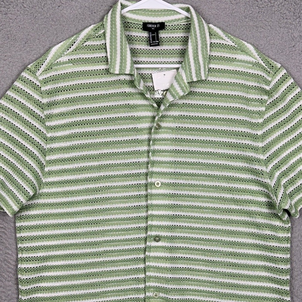 NEW Forever 21 Shirt Mens Large Crochet Green Stripe Knit Button Up Short Sleeve